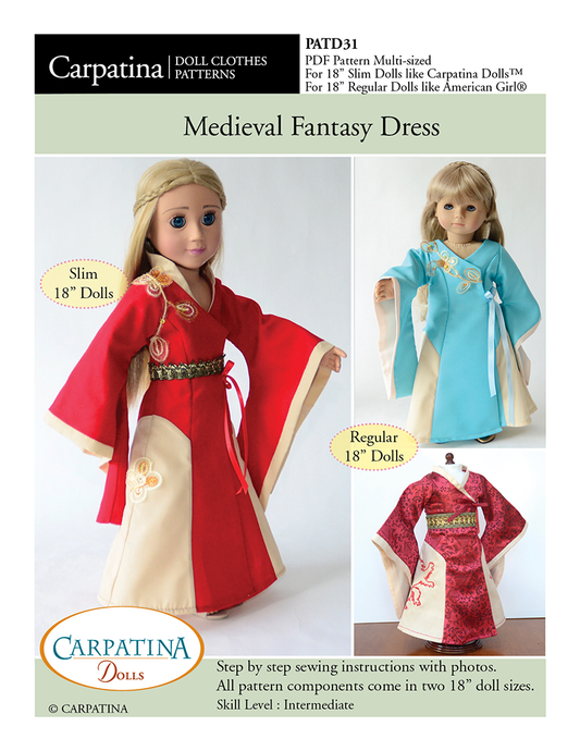 Medieval Fantasy Dress Multi-sized Doll Clothes Pattern for Regular and Slim 18" Dolls