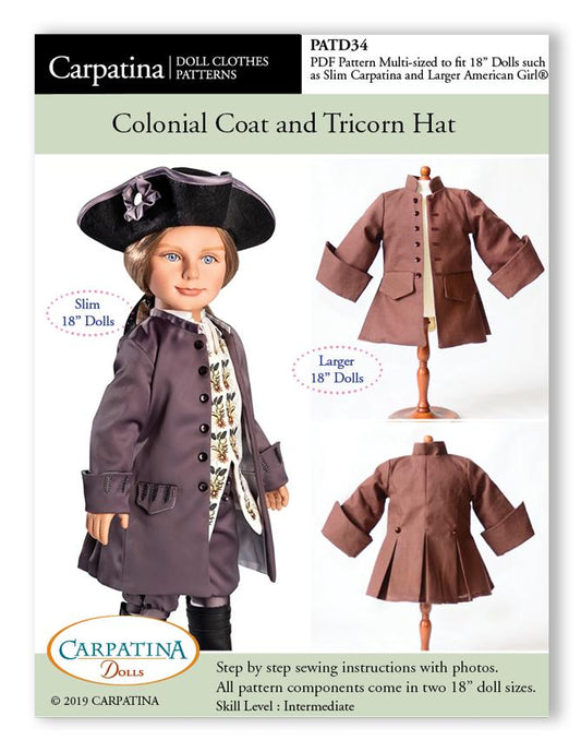 Colonial Coat and Tricorn Hat Multi-sized Pattern for Regular and Slim 18" Boy Dolls