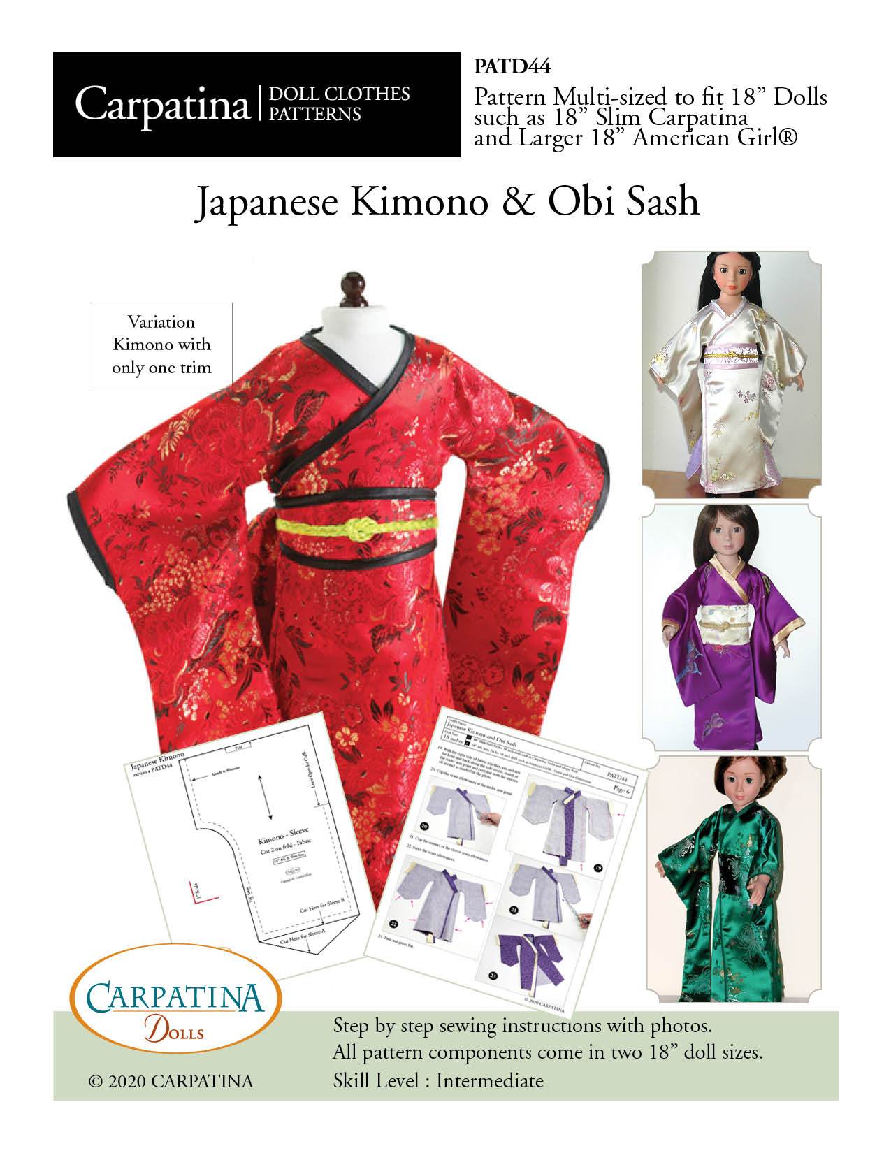 Japanese Kimono and Obi Sash Multi-sized Pattern for Regular and Slim 18" Dolls