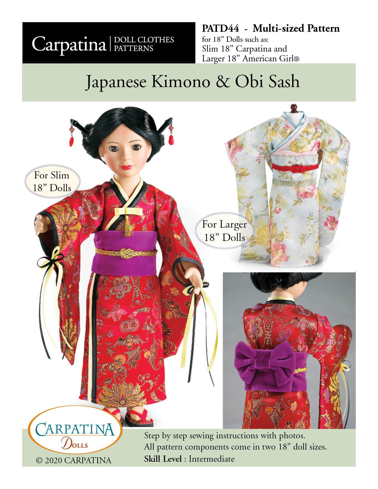 Japanese Kimono and Obi Sash Multi-sized Pattern for Regular and Slim 18" Dolls