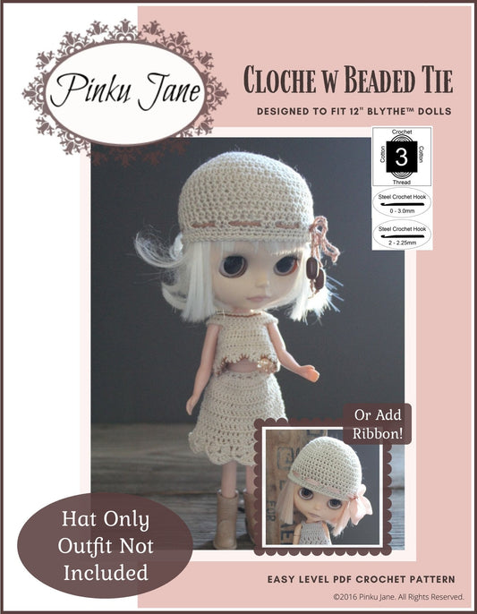 Cloche Hat With Beaded Tie Crochet Pattern For 12" Blythe Dolls