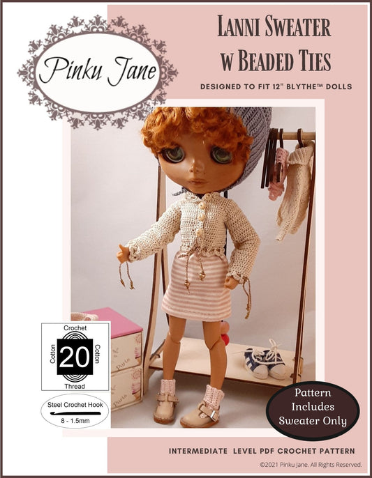 Lanni Sweater w/ Beaded Ties Crochet Pattern For 12" Blythe Dolls