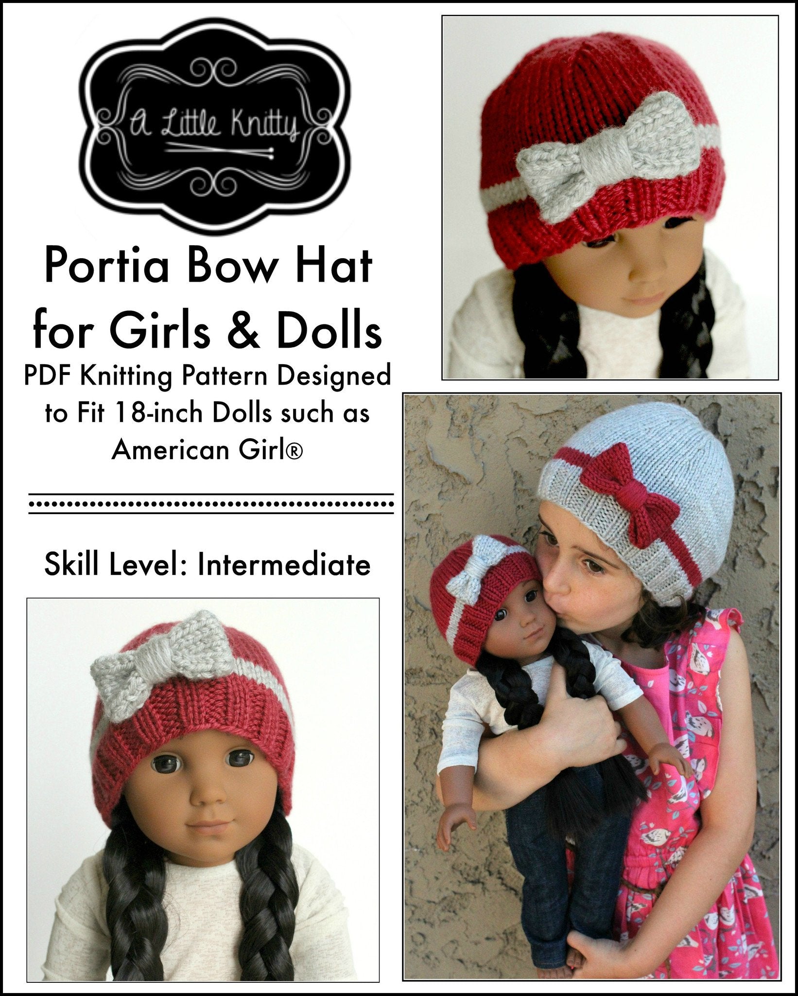 Portia Bow Hat Knitting Pattern for Girls and 18 inch Dolls