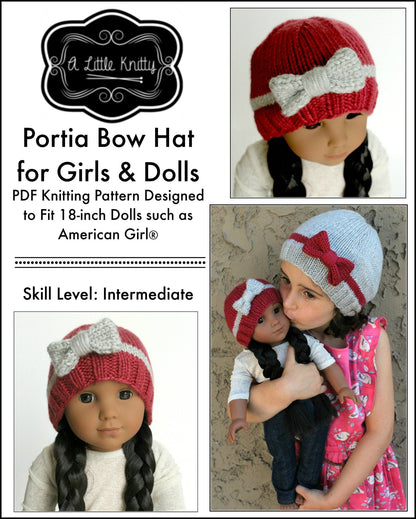 Portia Bow Hat Knitting Pattern for Girls and 18 inch Dolls