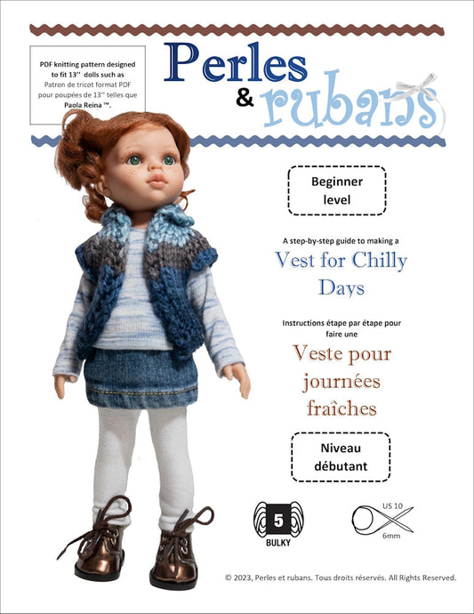 Vest for Chilly Days 13" Doll Clothes Knitting Pattern for Paola Reina Dolls