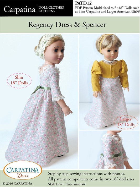 1810 - 1815 Regency Dress and Spencer Multi-sized Pattern for Regular and Slim 18" Dolls