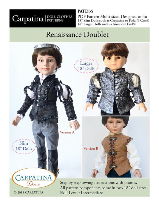 Renaissance Doublet Multi-sized Pattern for Regular and Slim 18" Boy Dolls