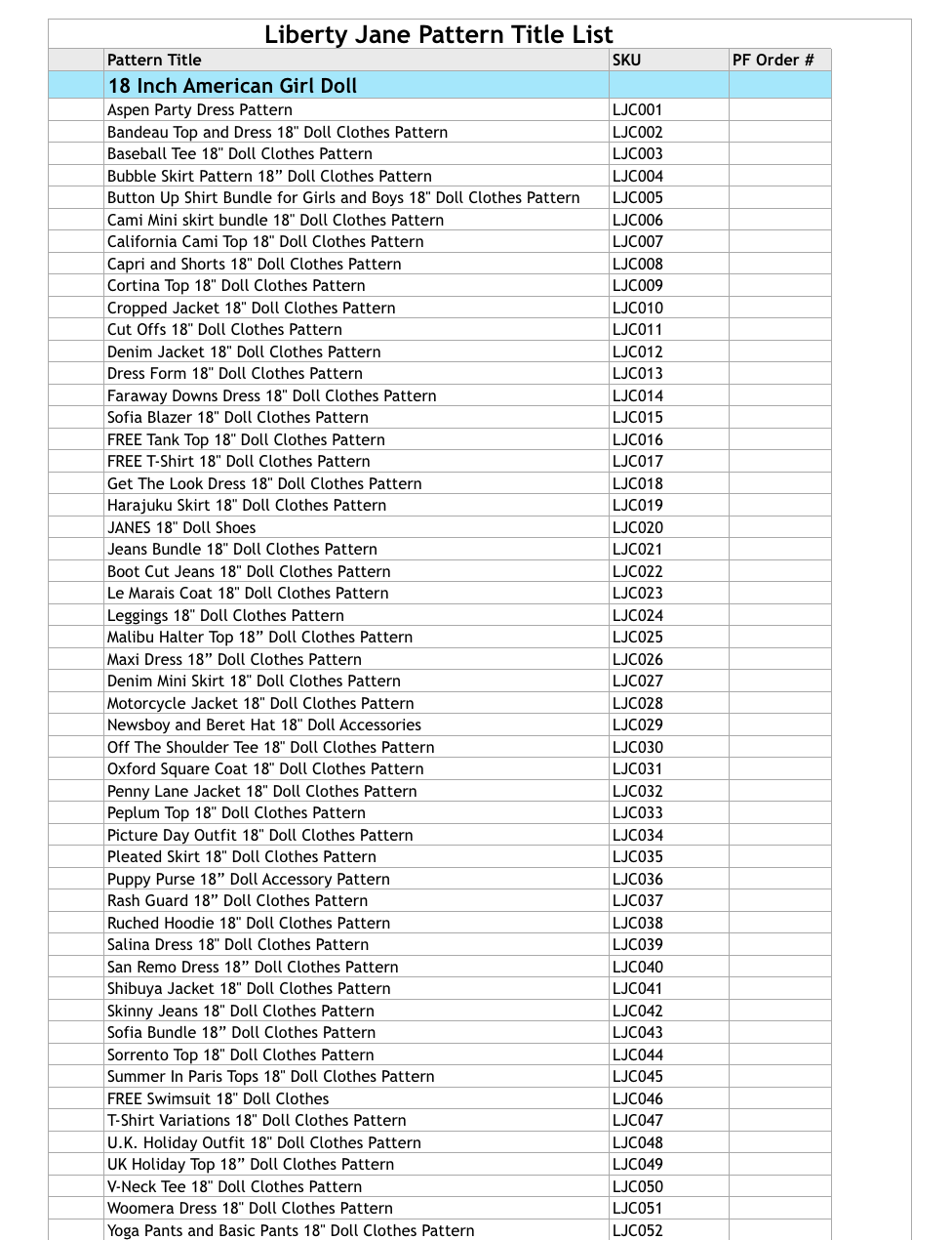 Liberty Jane Brand Pattern Title List
