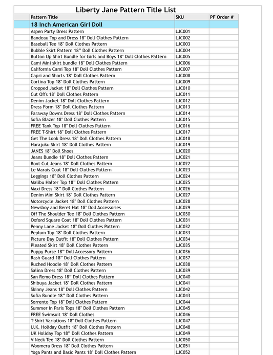 Liberty Jane Brand Pattern Title List