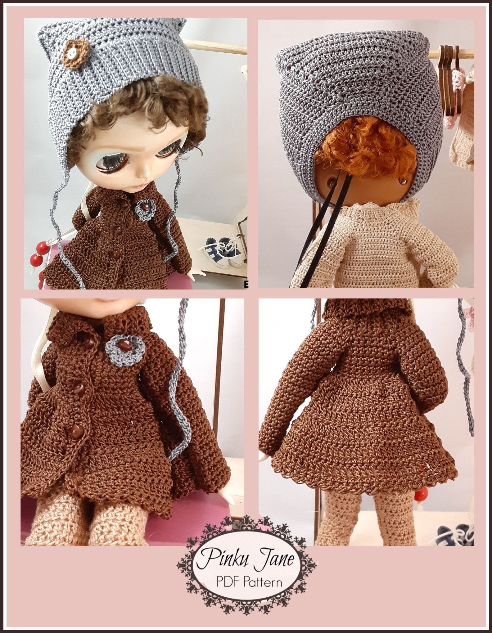 Swing Coat & Winter Helmet Crochet Pattern For 12" Blythe Dolls
