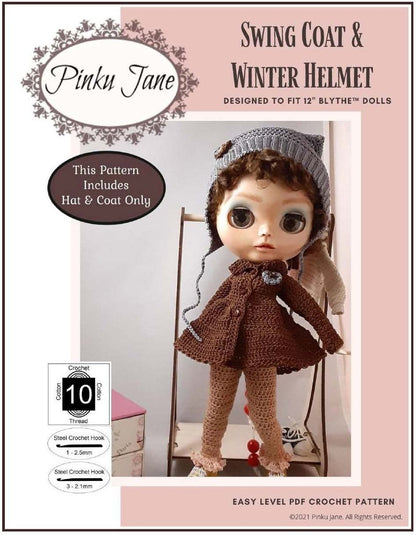 Swing Coat & Winter Helmet Crochet Pattern For 12" Blythe Dolls