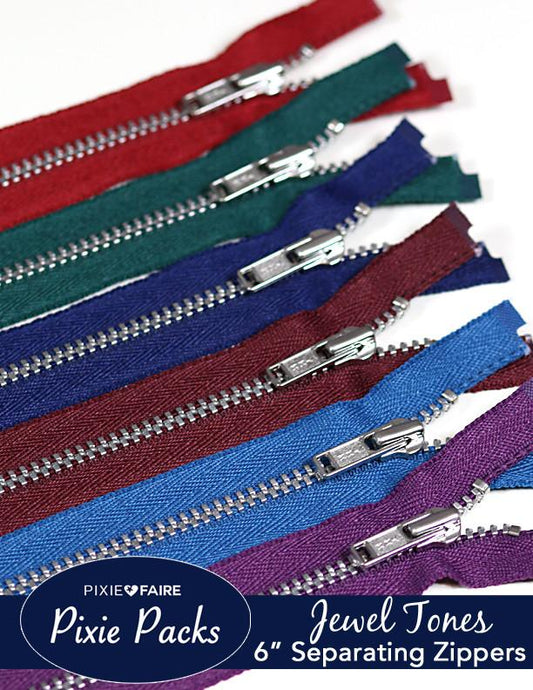 Pixie Packs 6" Separating Zippers - Jewel Tones Silver