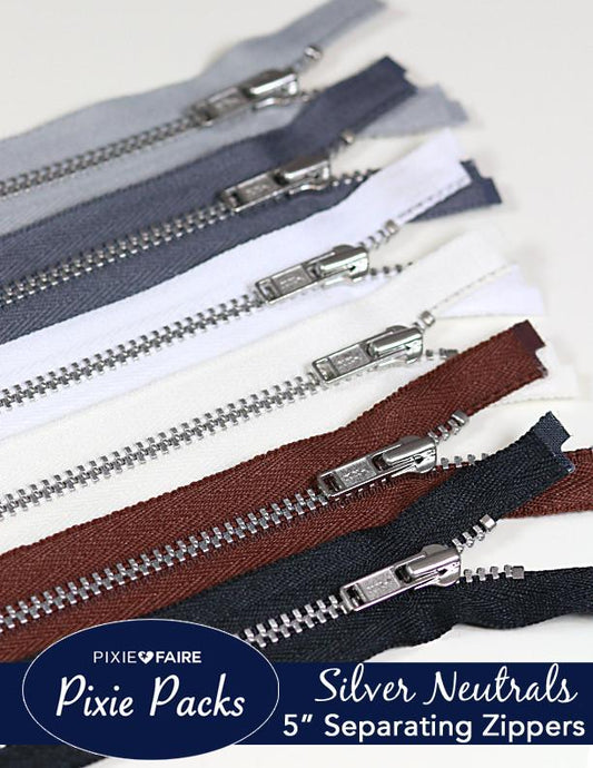 Pixie Packs 5" Separating Zippers - Silver Neutrals