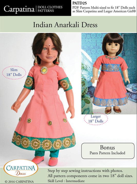 Indian Anarkali Dress Multi-sized Pattern for Regular and Slim 18" Dolls