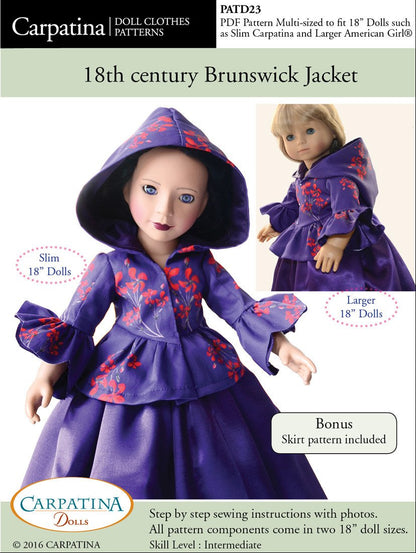 18th Century Brunswick Jacket Multi-sized Pattern for Regular and Slim 18" Dolls