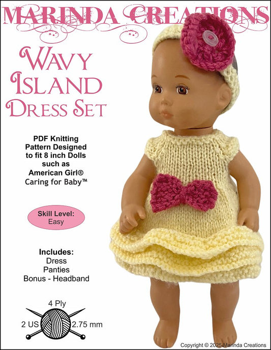 Wavy Island Dress Set Doll Knitting Pattern for 8" Baby Dolls