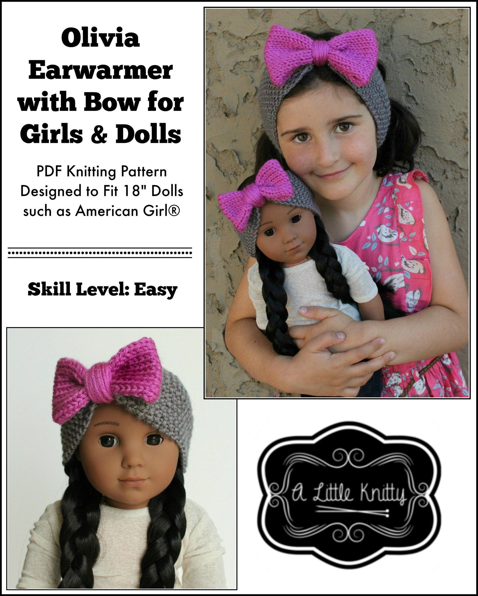 Olivia Earwarmer with Bow Knitting Pattern for Girls and 18 inch Dolls