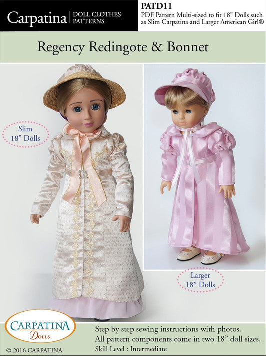 1810's Regency Redingote and Bonett Multi-sized Pattern for Regular and Slim 18" Dolls